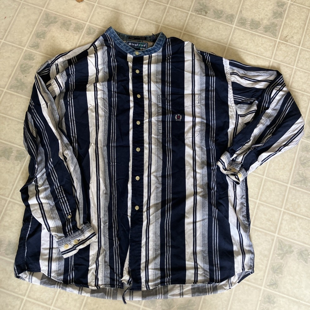 90's Siegfried Denim Collar Button Down Shirt Size XL Vintage Striped Embr Crest